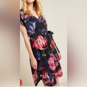 Anthropologie Black Floral Midi Dress with Pink & Blue Accents